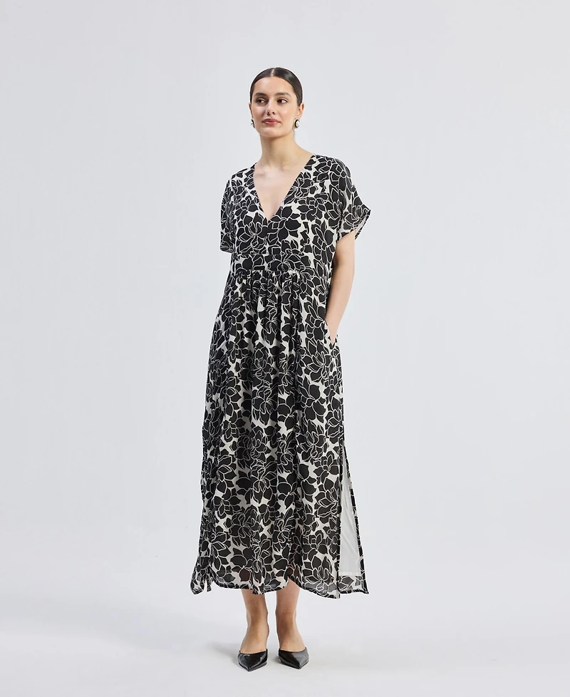 Reistor Women's Deep V-neck Maxi Dress with Front Gathers Black Florals