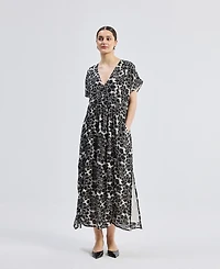 Reistor Women's Deep V-neck Maxi Dress with Front Gathers Black Florals