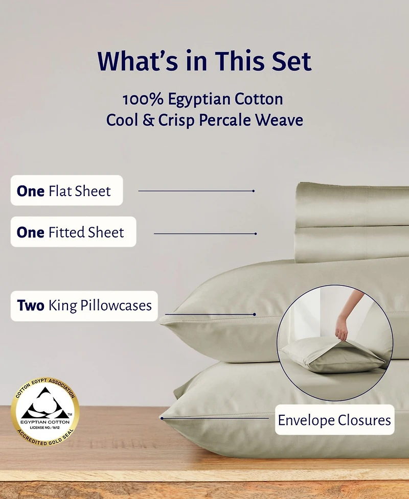 Certified Luxury Queen Bed Sheet Set - 100% Egyptian Cotton Sheets Queen, Classic Percale, Deep Pockets, Cool and Durable Bedding