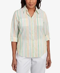 Alfred Dunner Petite Rise & Shine Sunny Stripes Button Down Top