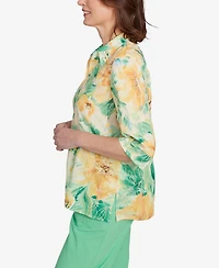 Alfred Dunner Petite Rise & Shine Watercolor Floral Tie Sleeve Button Down Top