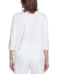 Alfred Dunner Petite Rise & Shine Embroidered Pineapple Top