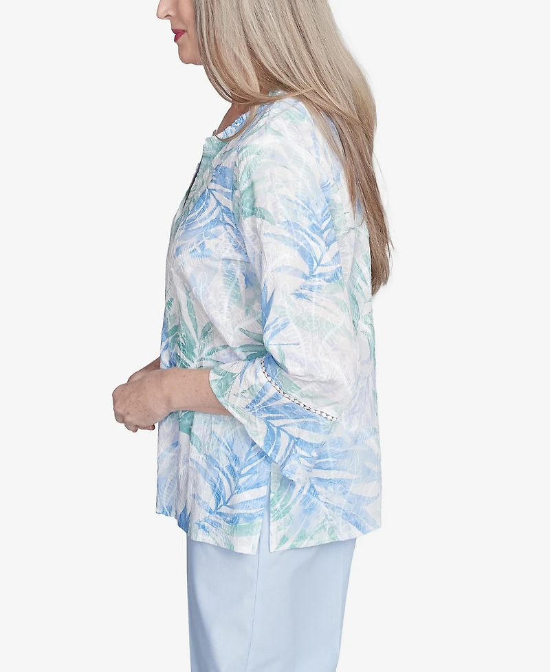 Alfred Dunner Petite St. Thomas Tropical Embroidered Button Front Top
