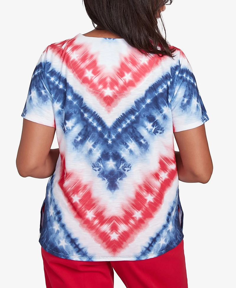 Alfred Dunner Petite Land of The Free Tie Dye American Chevron Short Sleeve Top