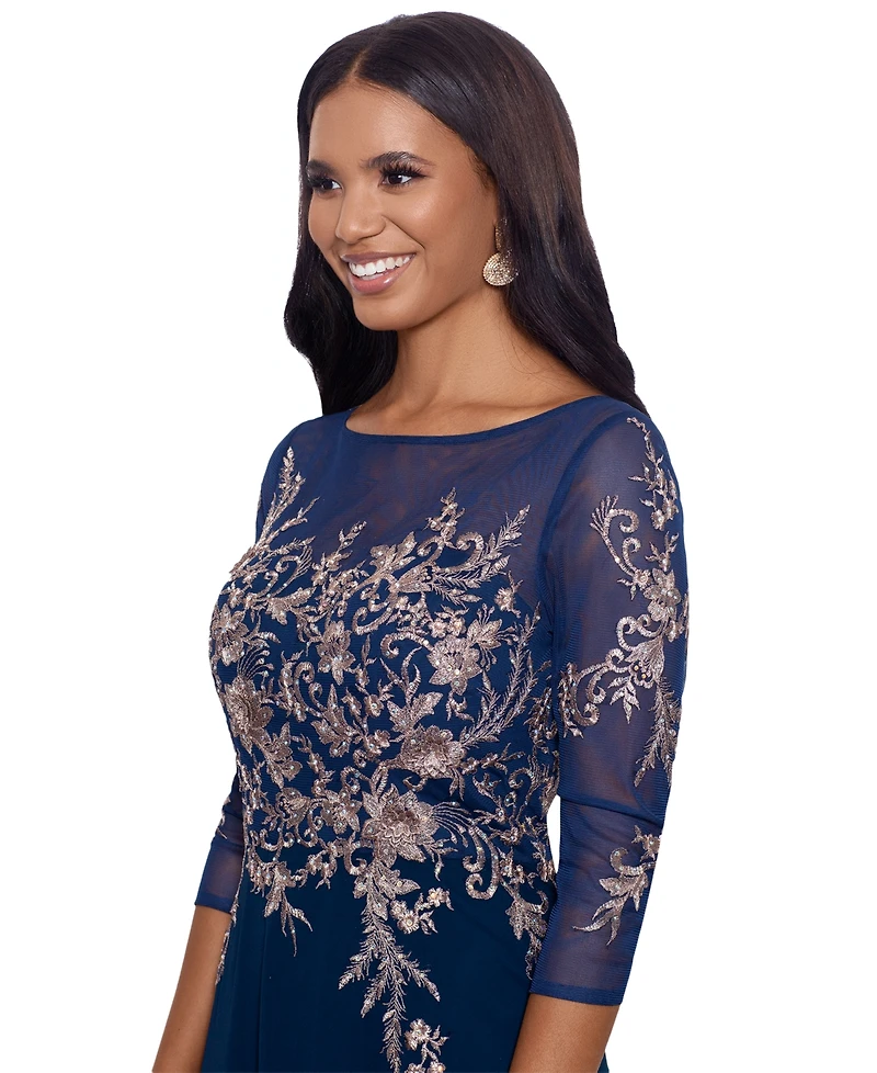 Betsy & Adam Embroidered 3/4-Sleeve Gown
