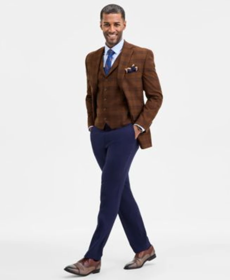 Tayion Collection Mens Classic Fit Plaid Suit Separate Jacket Vest