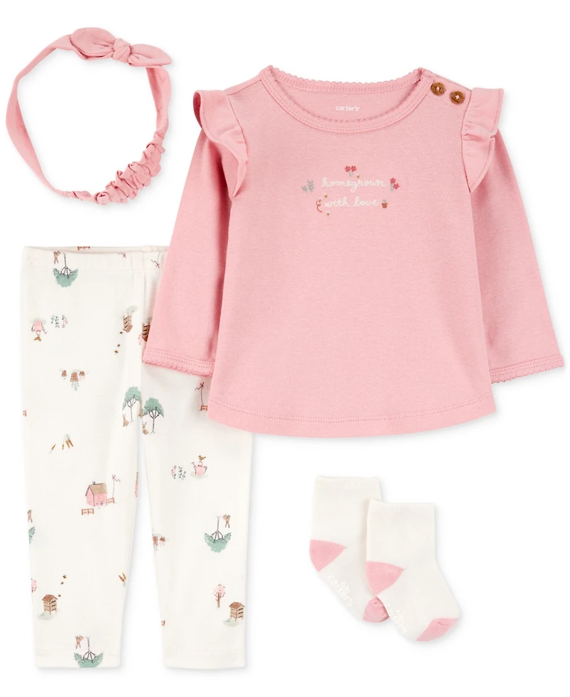 Carter's Baby Girls Barn-Print Pants, Top, Headwrap & Socks, 4 Piece Set