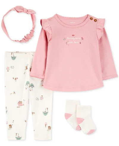 Carter's Baby Girls Barn-Print Pants, Top, Headwrap & Socks, 4 Piece Set