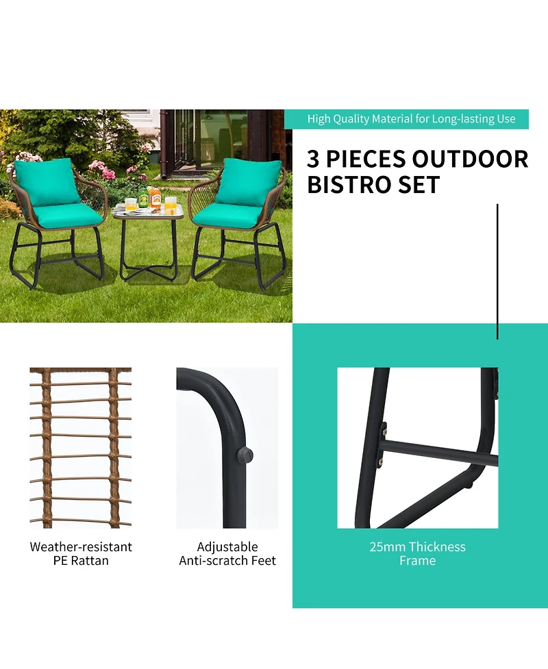 Gymax 3 Piece Patio Conversation Furniture Set Outdoor Bistro Set w/ Cushions