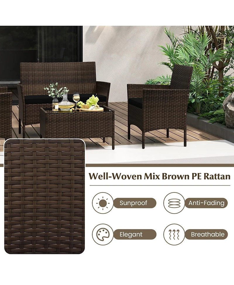 Gymax 4 Pcs Outdoor Wicker Furniture Set Patio Rattan Conversation Set w/ Chair Cushions