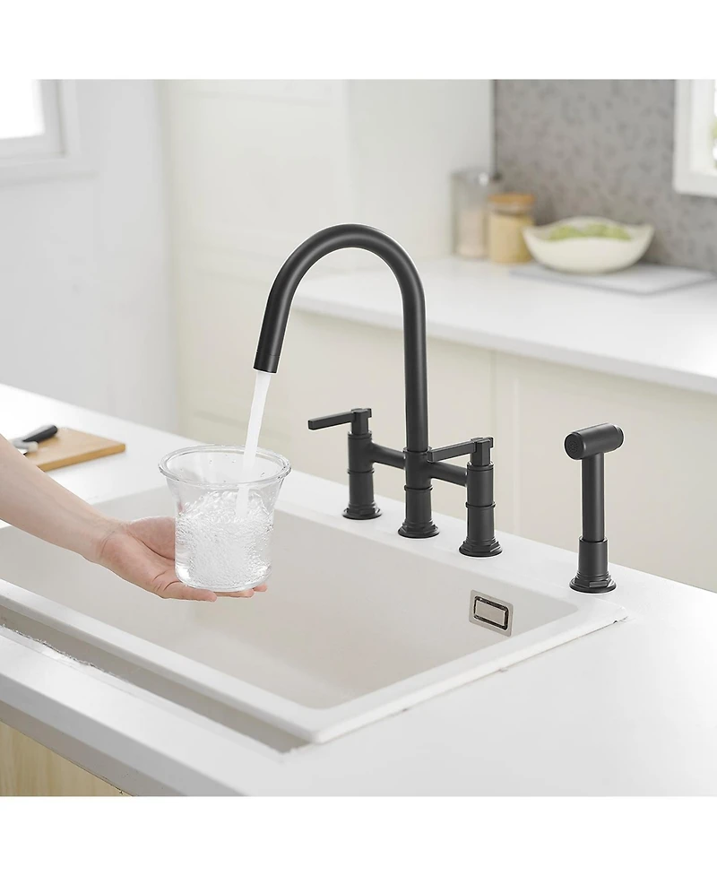 Modern Double Handle 4-Holes Deck Mount Bridge Kitchen Faucet with Side Sprayer Sink Faucet 360 Swivel Spout in Black