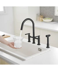Modern Double Handle 4-Holes Deck Mount Bridge Kitchen Faucet with Side Sprayer Sink Faucet 360 Swivel Spout in Black