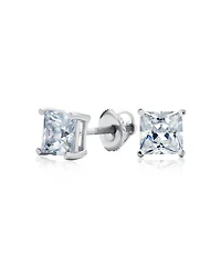 Bling Jewelry Classic Cubic Zirconia Square Cz Solitaire Stud Earrings Security Screw Back .925 Sterling Silver