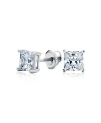 Bling Jewelry Classic Cubic Zirconia Square Cz Solitaire Stud Earrings Security Screw Back .925 Sterling Silver