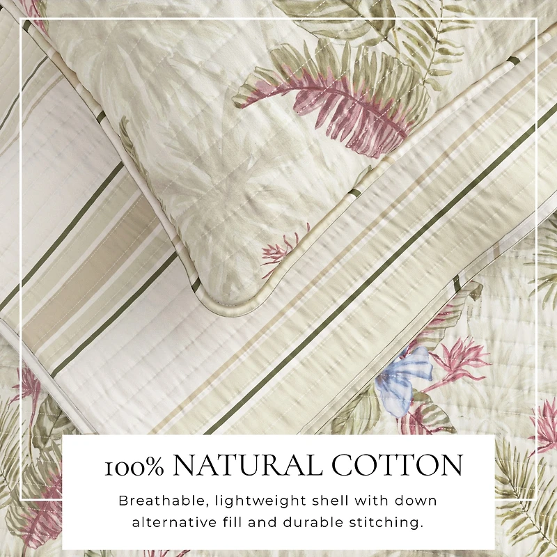 Linery & Co. Cotton Stitched Reversible Tropical Palm 3 Piece Quilt and Sham Set