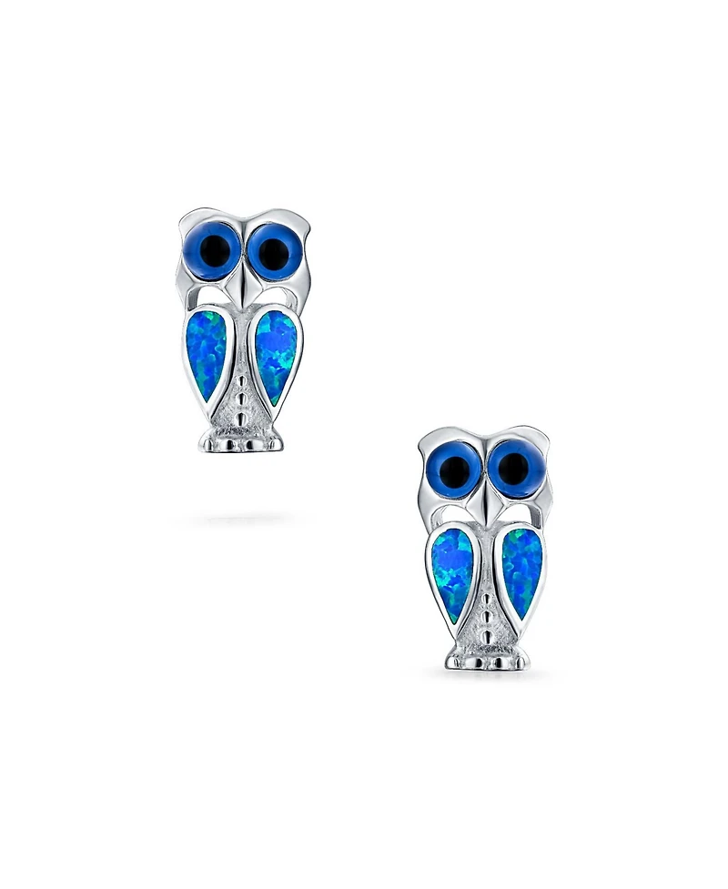 Bling Jewelry Opalescent Blue Created Opal Wide Eye Pet Animal Lucky Wise Bird Owl Stud Earrings .925 Sterling Silver