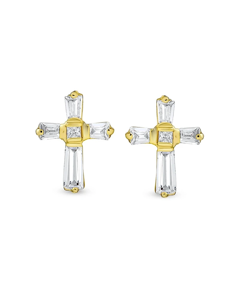 Bling Jewelry Accent Cz Baguette Cross Stud Earrings in Yellow 14K Gold Sterling Silver