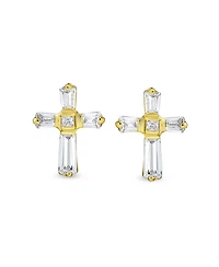 Bling Jewelry Accent Cz Baguette Cross Stud Earrings in Yellow 14K Gold Sterling Silver