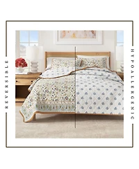 Linery & Co. Cotton Stitched Reversible Boho Floral 3 Piece Quilt and Sham Set - Regal garden