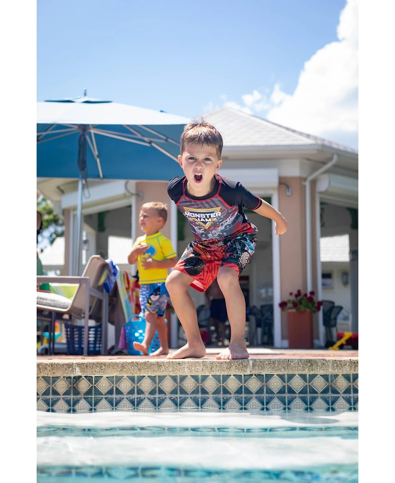 Monster Jam Boys Pullover Rash Guard and Swim Trunks Outfit Set