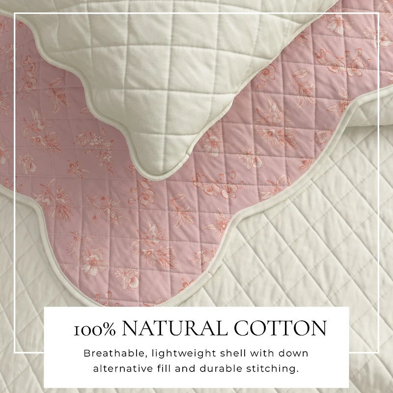 Linery & Co. Cotton Stitched Reversible Floral 3 Piece Scalloped Quilt and Sham Set