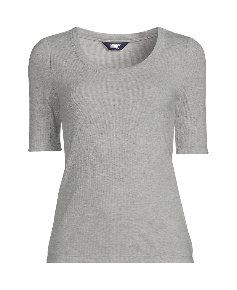 Lands' End Women's Drapey Rib Fitted Elbow Sleeve Scoop Neck Tee
