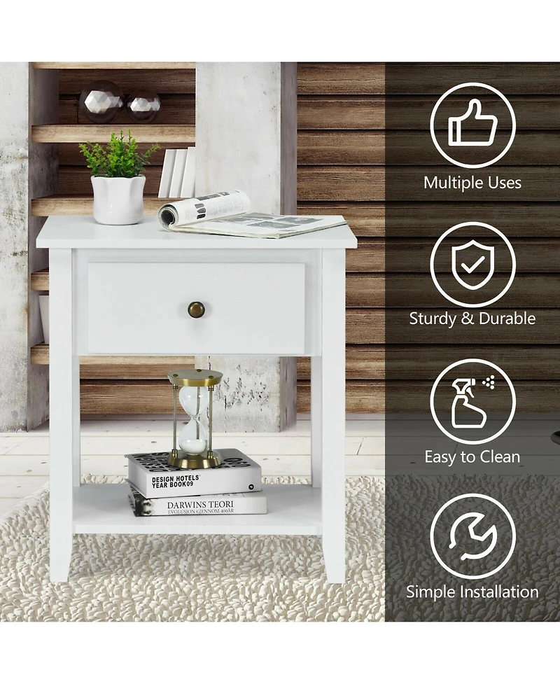 Nightstand with Drawer and Storage Shelf for Bedroom Living Room-Wine