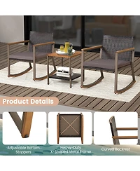 3 Pieces Rattan Rocking Bistro Set with Table and Cushions