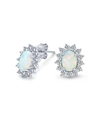 Bling Jewelry Estate Style Jewelry Oval Created White Opal Crown Halo Cz Stud Earrings .925 Sterling Silver 12MM