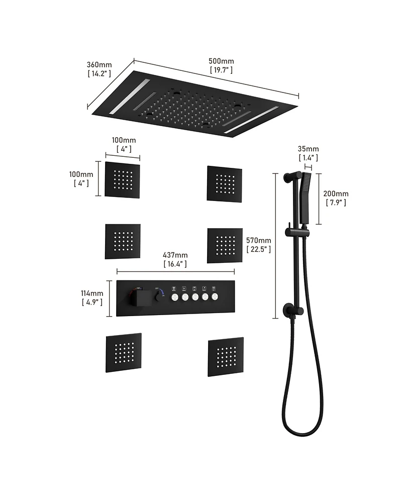 Mondawe Thermostatic Flush Ceiling Mounted Complete Shower System with Led Lights, Body Jets and Slide Bar