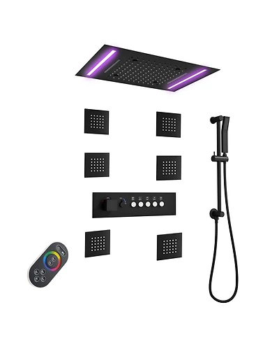 Mondawe Thermostatic Flush Ceiling Mounted Complete Shower System with Led Lights, Body Jets and Slide Bar