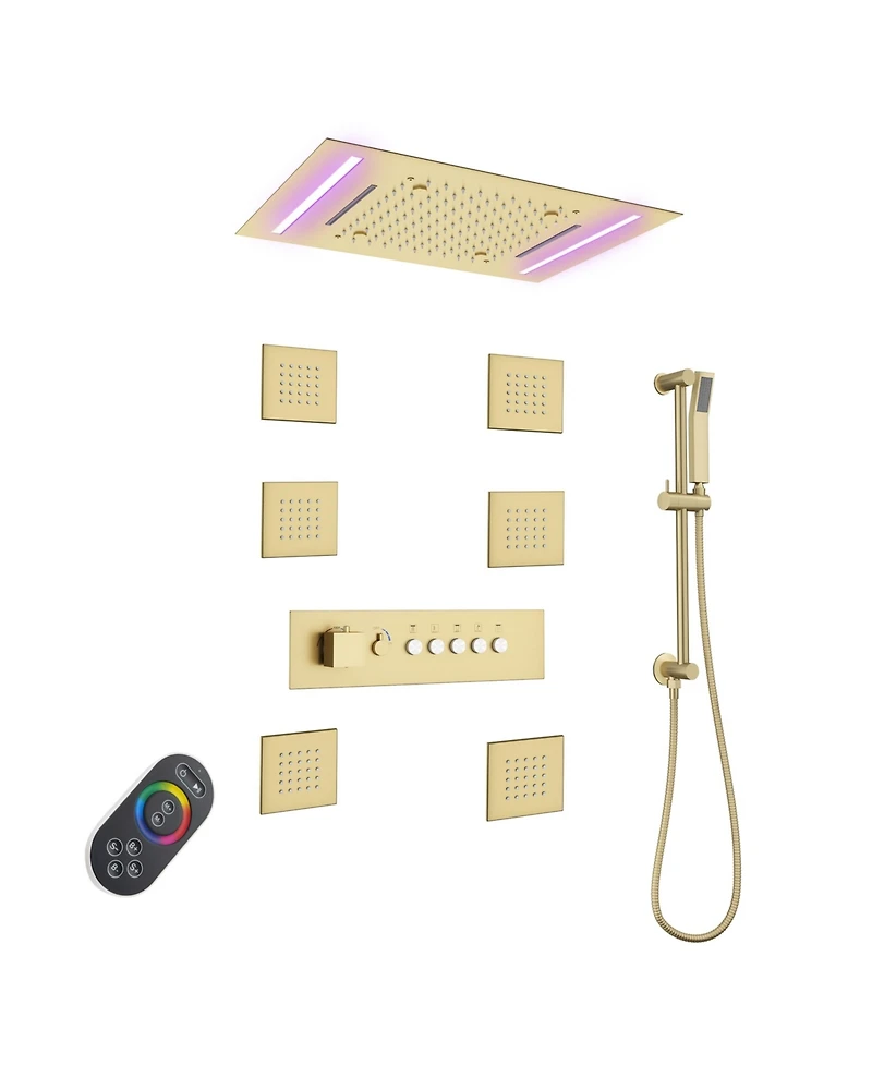 Mondawe Thermostatic Flush Ceiling Mounted Complete Shower System with Led Lights, Body Jets and Slide Bar
