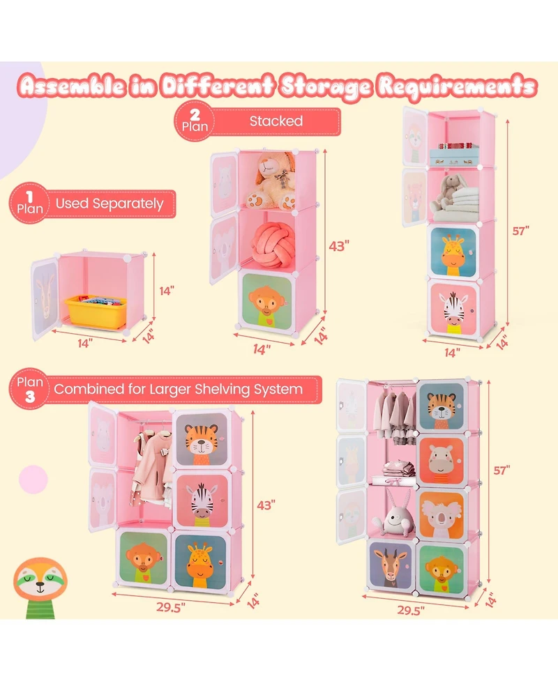 8-Cube Kids Wardrobe Closet with Clothes Hanging Section and Doors