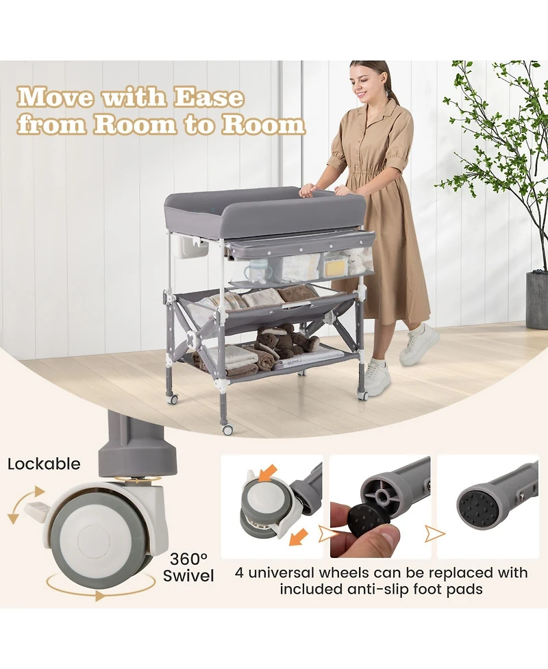 Portable Baby Changing Table with Wheels and Large Storage Rack