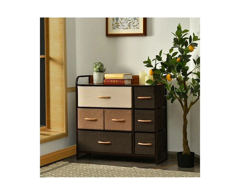 7 Drawer Tower Steel Frame and Wooden Top Dresser Storage Chest for Bedroom