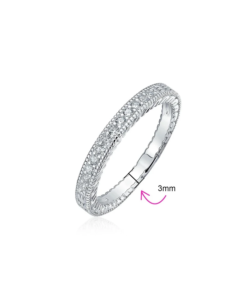 Bling Jewelry Pave Cz Cubic Zirconia Thin Band Ring Etched Milgrain .925 Sterling Silver