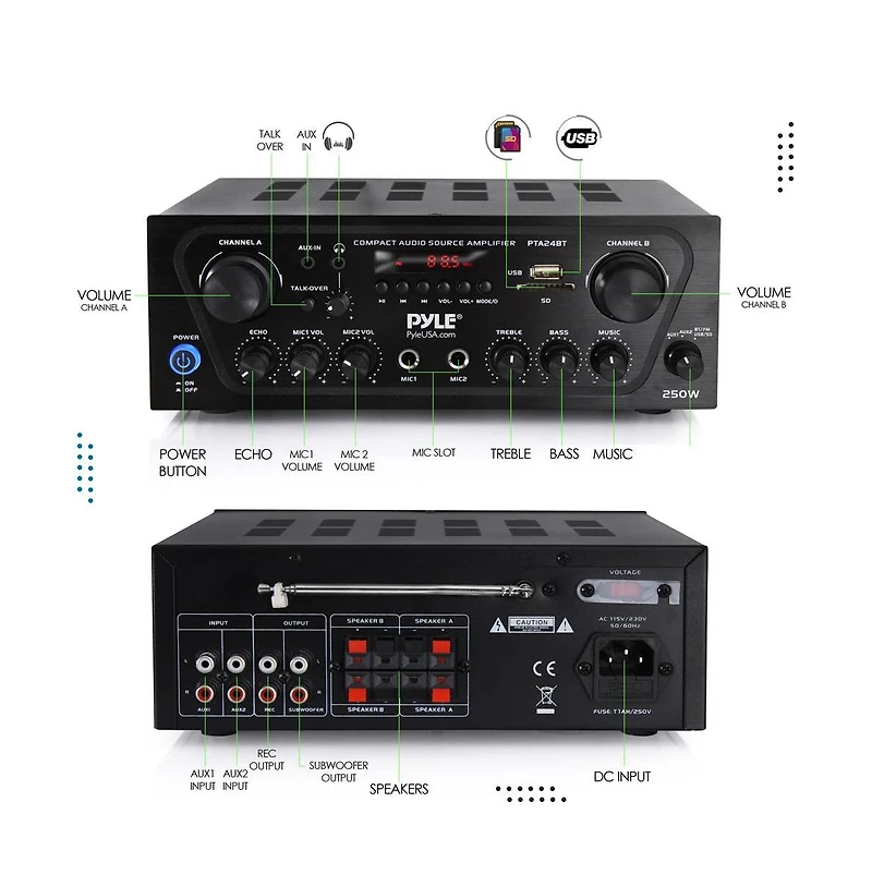 Pyle 250W Bluetooth Compact Home Audio Amplifier - PTA24BT