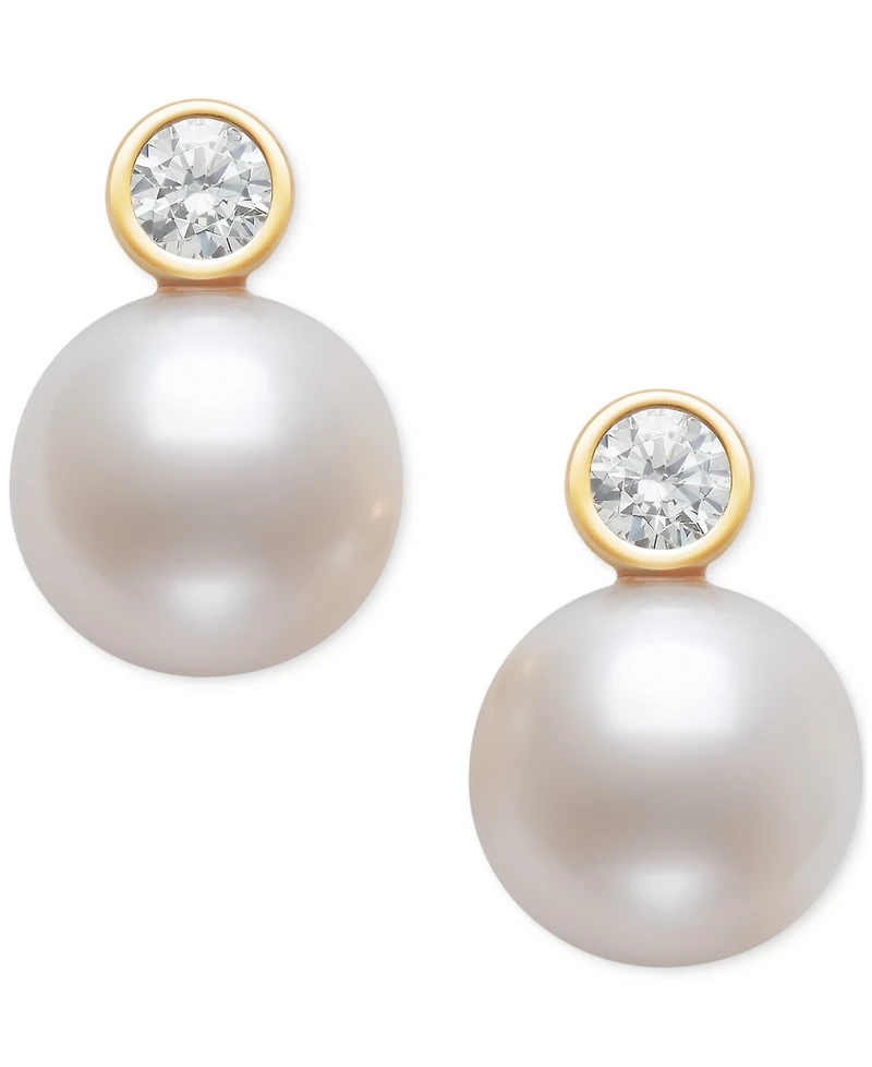 Belle De Mer Cultured Freshwater Pearl (8mm) & Diamond (1/5 ct. t.w.) Bezel Stud Earrings in 14k Gold