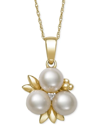 Belle De Mer Cultured Freshwater Pearl (6-7mm) & Diamond Accent Flower Cluster 18" Pendant Necklace in 14k Gold