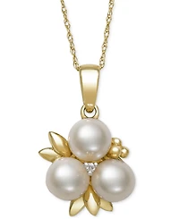 Belle De Mer Cultured Freshwater Pearl (6-7mm) & Diamond Accent Flower Cluster 18" Pendant Necklace in 14k Gold