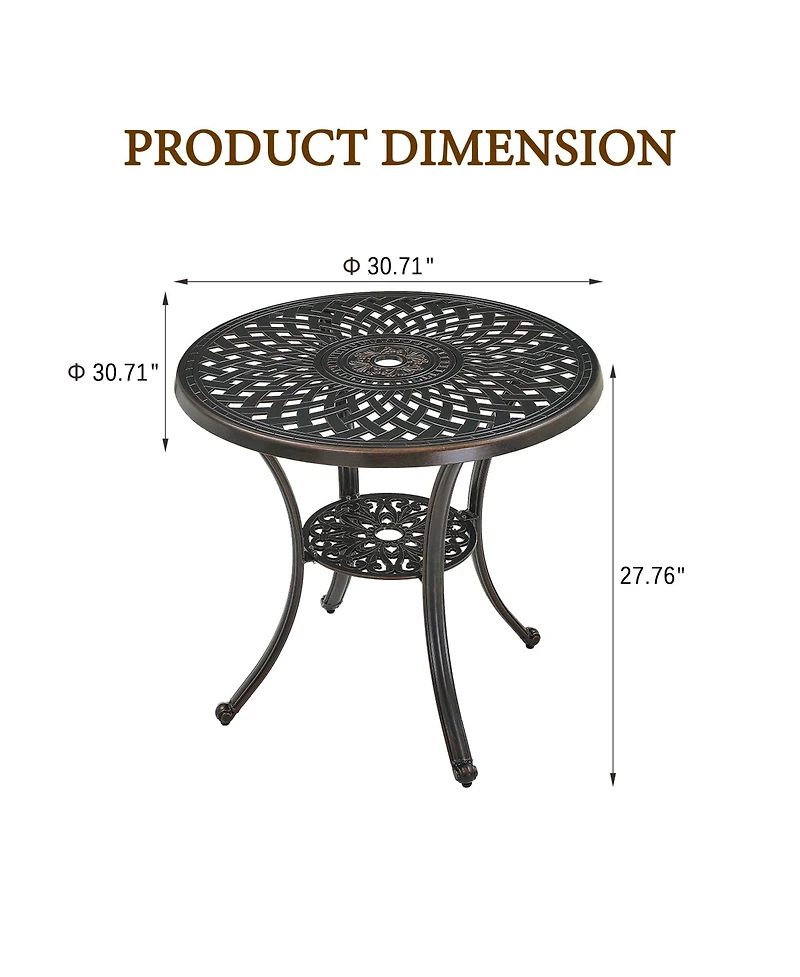 30 Inches Outdoor Dining Table with Umbrella Hole Cast Aluminium Patio Bistro Round Table, Bronze