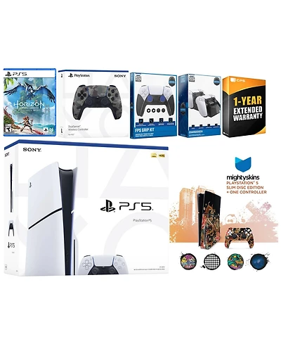 Sony Playstation 5 Slim Disc with Horizon Forbidden West, Extra Controller, Fps Grip Kit, Charge Dock and MightySkins Decal Voucher + 1 Year Cps Exten