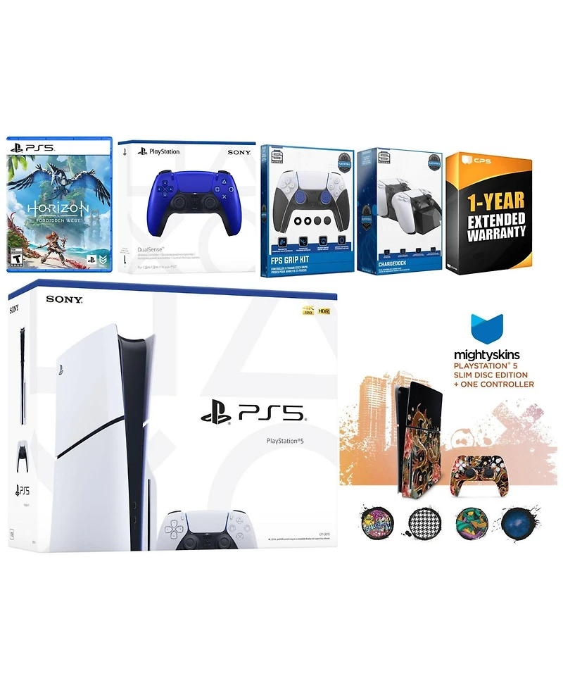Sony Playstation 5 Slim Disc with Horizon Forbidden West, Extra Controller, Fps Grip Kit, Charge Dock and MightySkins Decal Voucher + 1 Year Cps Exten