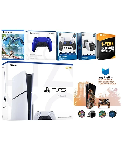 Sony Playstation 5 Slim Disc with Horizon Forbidden West, Extra Controller, Fps Grip Kit, Charge Dock and MightySkins Decal Voucher + 1 Year Cps Exten