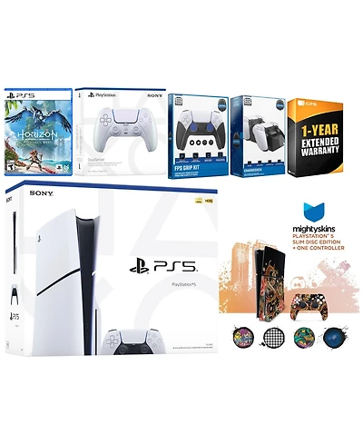 Sony Playstation 5 Slim Disc with Horizon Forbidden West, Extra Controller, Fps Grip Kit, Charge Dock and MightySkins Decal Voucher + 1 Year Cps Exten