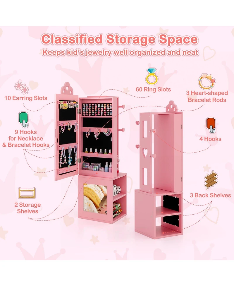 3-in-1 Freestanding Kids Jewelry Cabinet Armoire with Full Length Mirror
