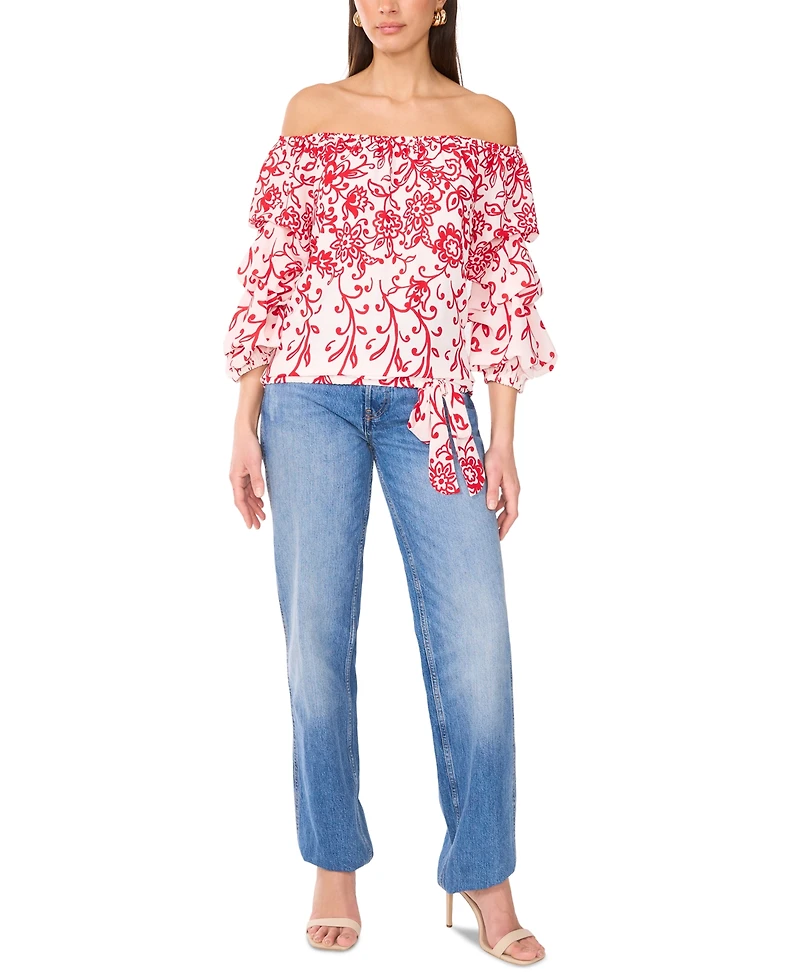 Vince Camuto Women's Floral Off The Shoulder Bubble Sleeve Tie Front Blouse
