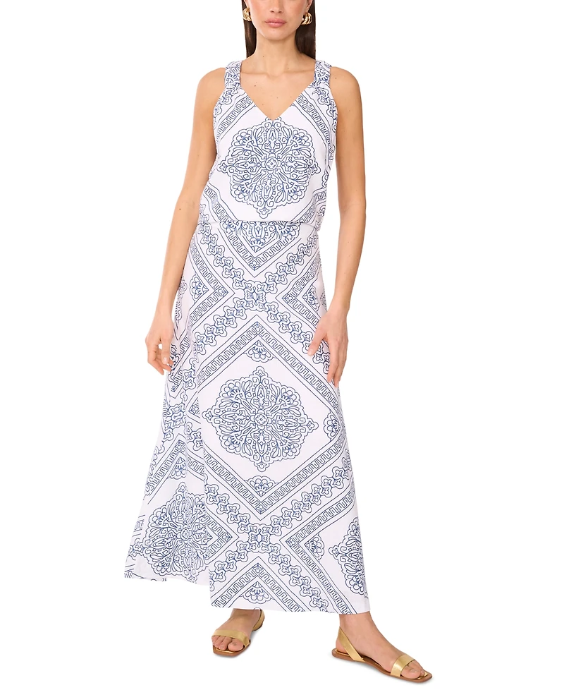 Vince Camuto Women's Linen-Blend V-Neck Printed Sleeveless Top