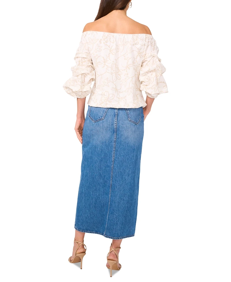 Vince Camuto Women's Floral Embroidered Off-The-Shoulder Bubble 3/4-Sleeve Tie-Front Blouse
