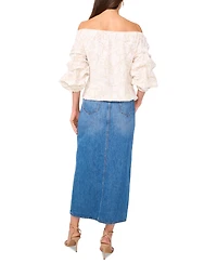 Vince Camuto Women's Floral Embroidered Off-The-Shoulder Bubble 3/4-Sleeve Tie-Front Blouse